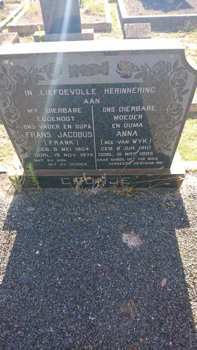 CRONJE Frans Jacobus 1904-1972 &amp; Anna VAN WYK 1910-1995