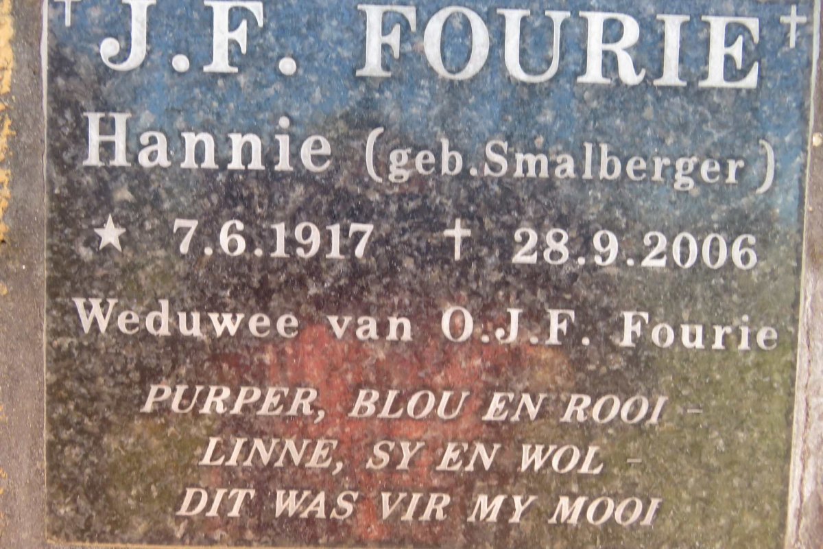 FOURIE J.F. nee SMALBERGER 1917-2006