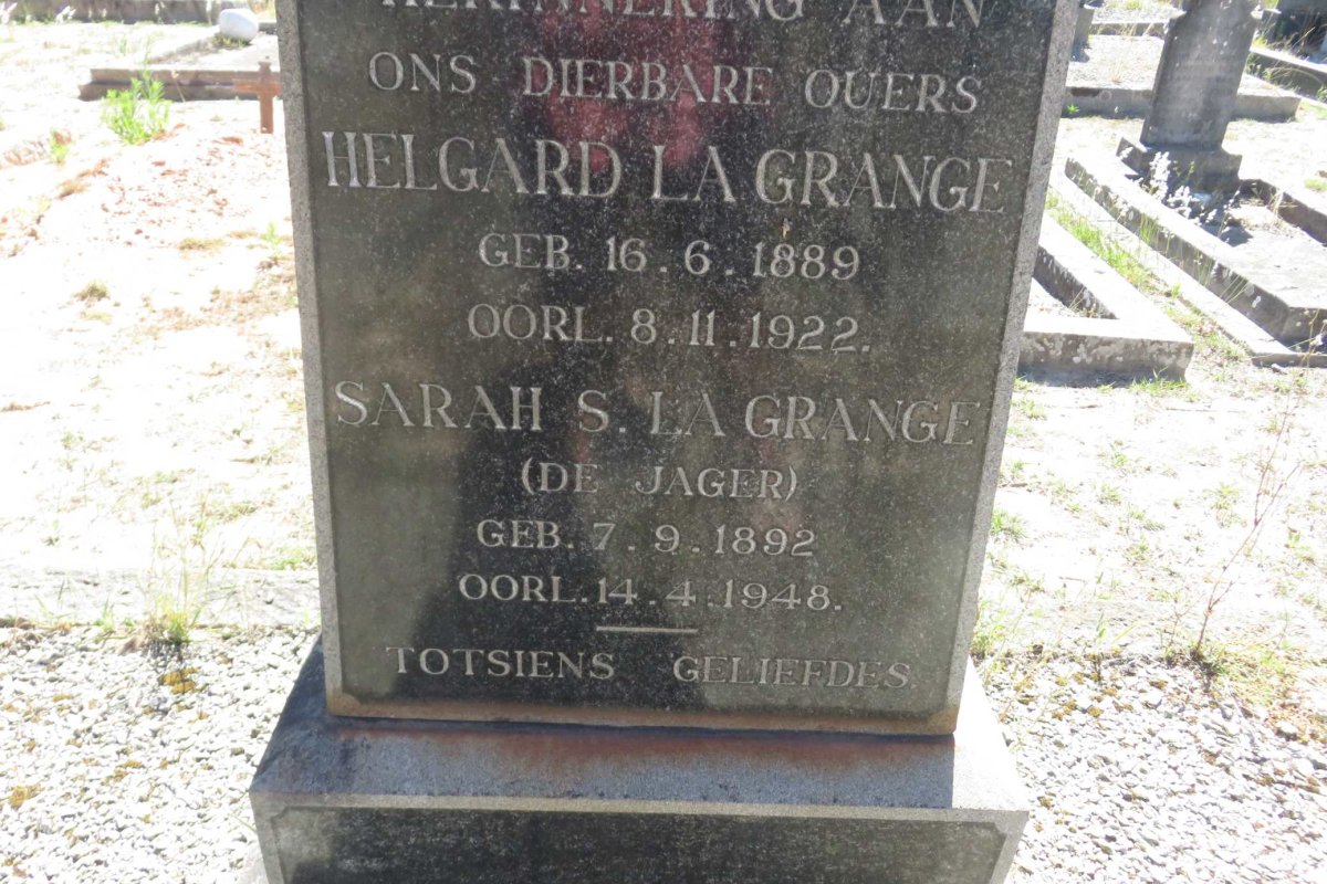 GRANGE Helgard, la 1889-1922 &amp; Sarah S. DE JAGER 1892-1948