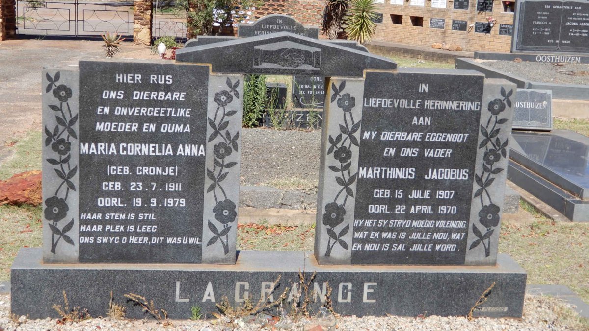 GRANGE Marthinus Jacobus, la 1907-1970 &amp; Maria Cornelia Anna CRONJE 1911-1979