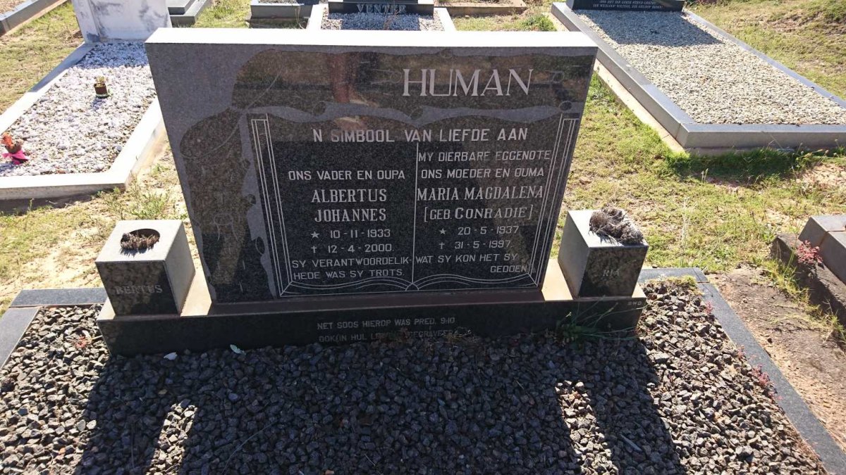 HUMAN Albertus Johannes 1933-2000 &amp; Maria Magdalena CONRADIE 1937-1997
