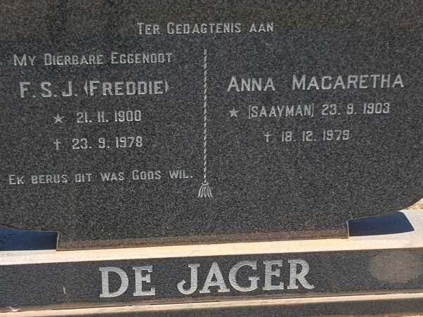 JAGER F.S.J., de 1900-1978 &amp; Anna Margaretha SAAYMAN 1903-1979