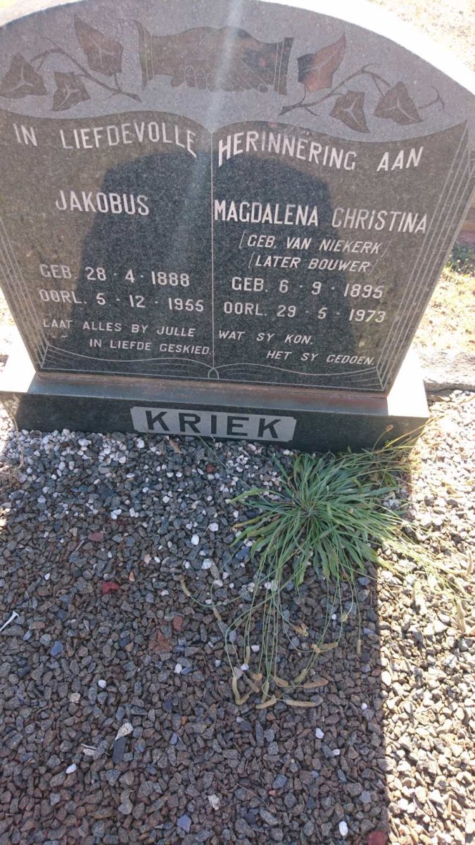 KRIEK Jakobus 1888-1955 &amp; Magdalena Christina BOUWER nee VAN NIEKERK 1895-1973