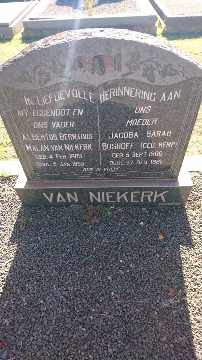 NIEKERK Albertus Bernardus Malan 1909-1955 &amp; Jacoba Sarah Boshoff KEMP 1906-1982