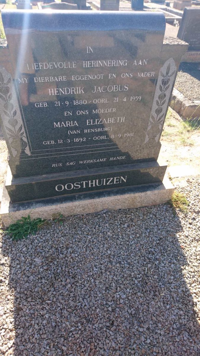 OOSTHUIZEN Hendrik Jacobus 1880-1959 &amp; Maria Elizabeth VAN RENSBURG 1892-1981