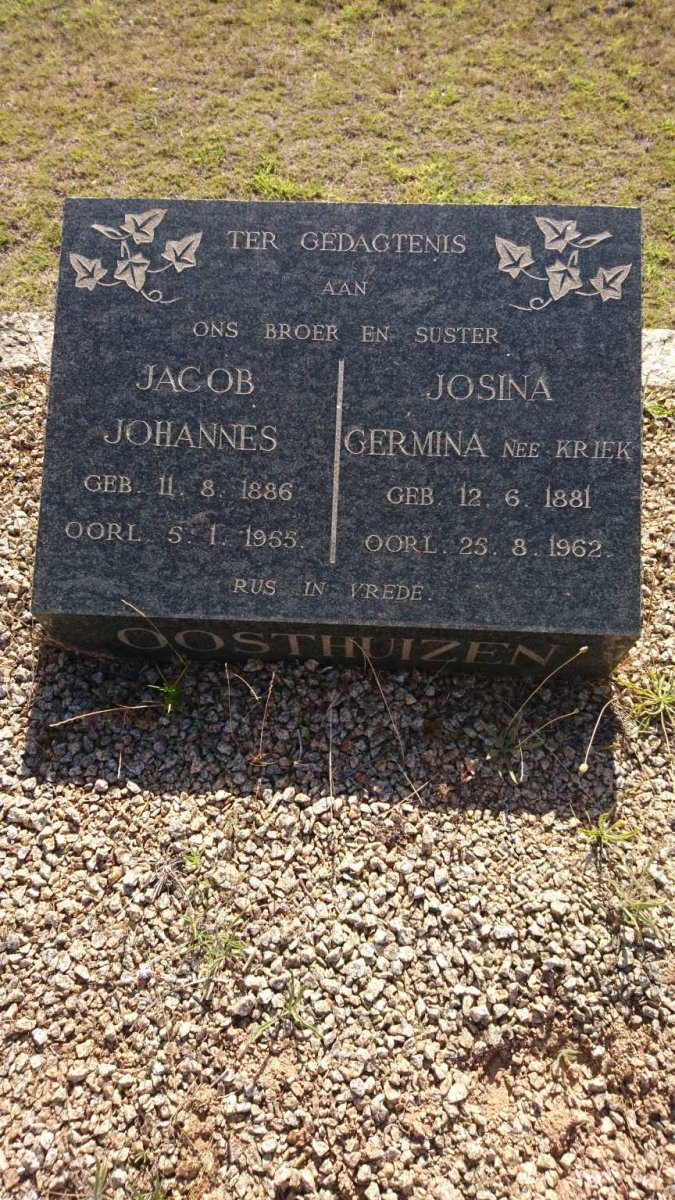OOSTHUIZEN Jacob Johannes 1886-1955 &amp; Josina Germina KRIEK 1881-1962