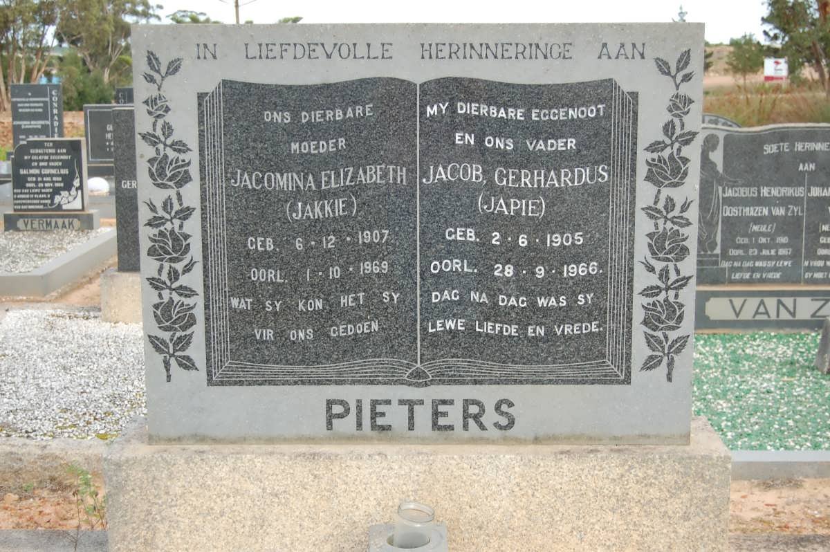 PIETERS Jacob Gerhardus 1905-1966 &amp; Jacomina Elizabeth 1907-1969