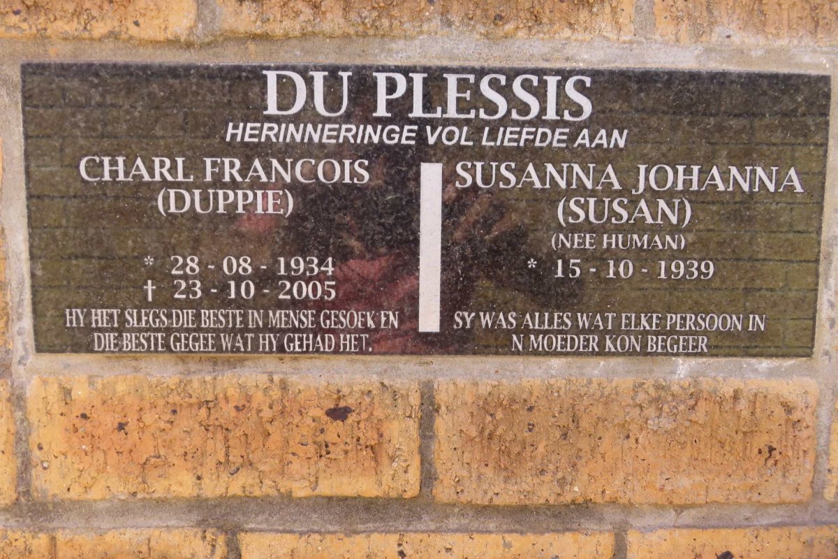 PLESSIS Charl Francois, du 1934-2005 &amp; Susanna Johanna HUMAN 1939-