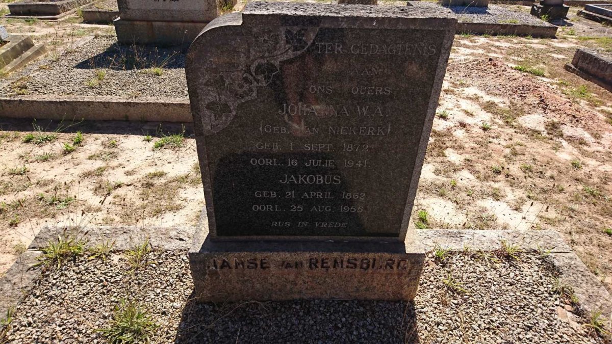 RENSBURG Jakobus, Janse van 1862-1955 &amp; Johanna W.A. VAN NIEKERK 1872-1941