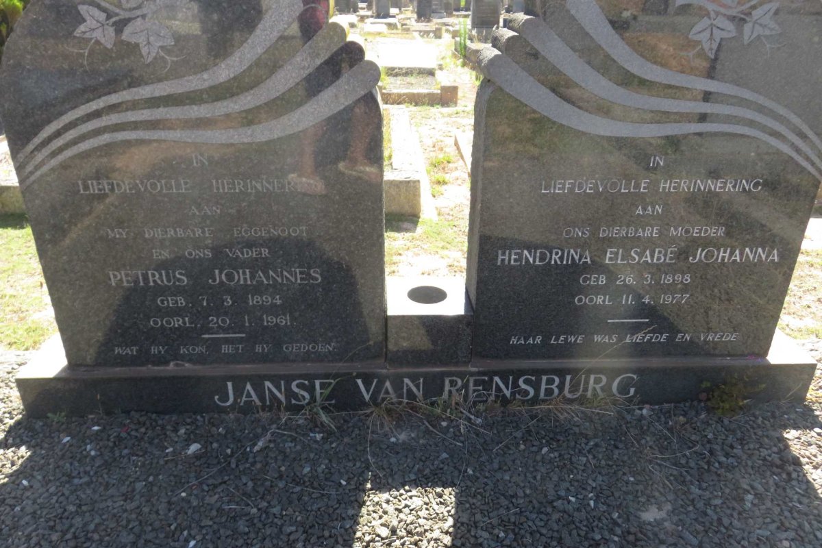 RENSBURG Petrus Johannes, Janse van 1894-1961 &amp; Hendrina Elsabe Johanna 1898-1977