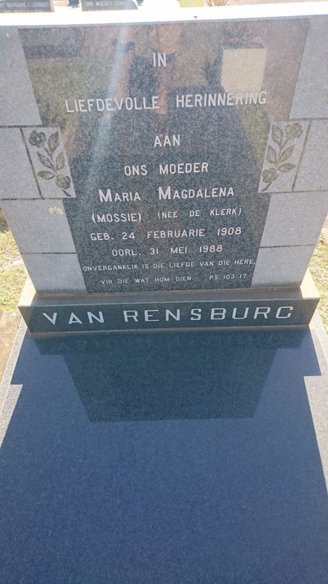 RENSBURG Maria Magdalena, van nee DE KLERK 1908-1988