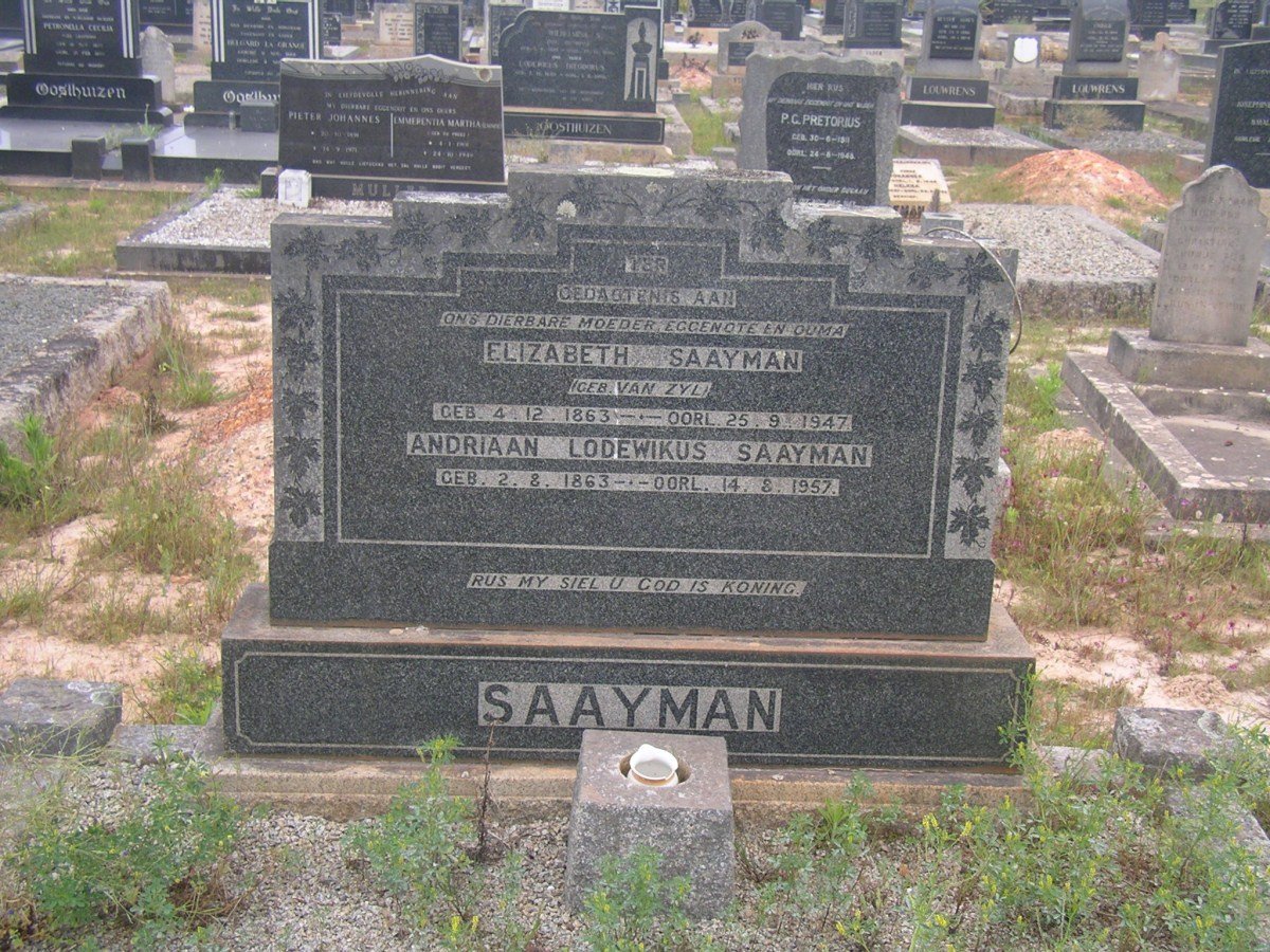 SAAYMAN Andriaan Lodewikus 1863-1957 &amp; Elizabeth VAN ZYL 1863-1947