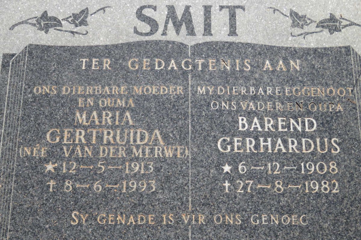 SMIT Barend Gerhardus 1908-1982 &amp; Maria Gertruida VAN DER MERWE 1913-1993