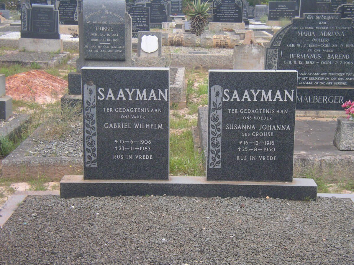 SAAYMAN Gabriel Wilhelm 1906-1983 &amp; Susanna Johanna CROUSE 1916-1950