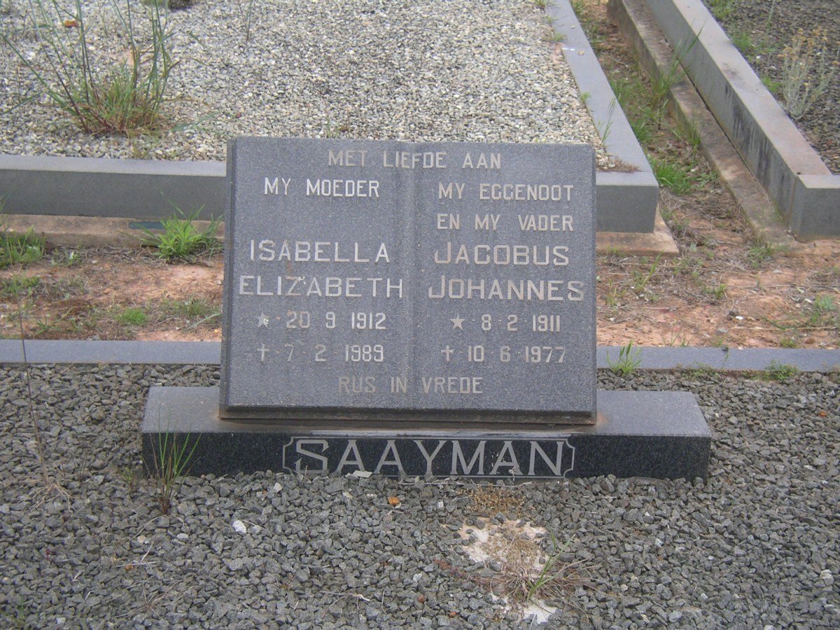 SAAYMAN Jacobus Johannes 1911-1977 &amp; Isabella Elizabeth 1912-1989
