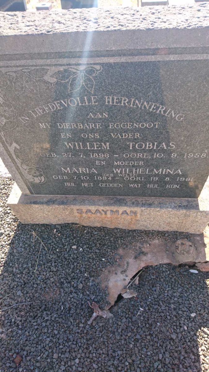 SAAYMAN Willem Tobias 1896-1958 &amp; Maria Wilhelmina WELTZ 1894-1981