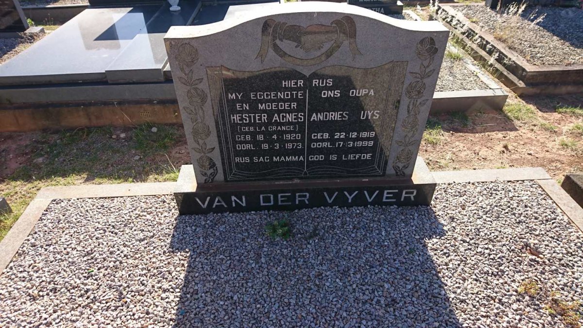 VYVER Andries Uys, van der 1919-1999 &amp; Hester Agnes LA GRANGE 1920-1973