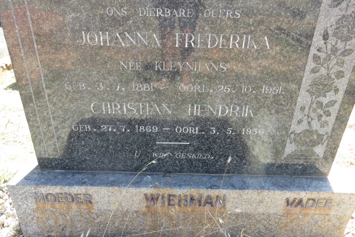 WIEHMAN Christian Hendrik 1869-1956 &amp; Johanna Frederika KLEYNHANS 1881-1951