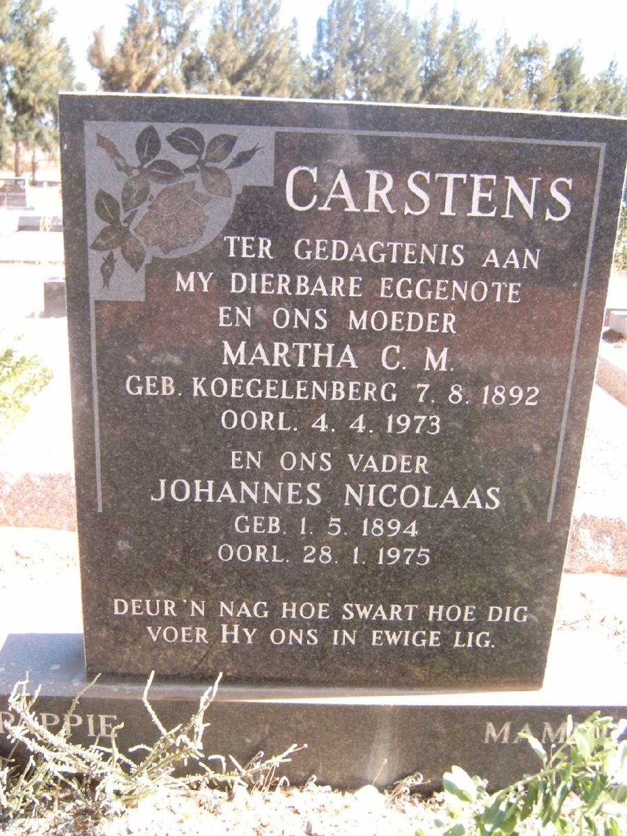 CARSTENS Johannes Nicolaas 1894-1973 &amp; Martha C.M. KOEGELENBERG 1892-1973