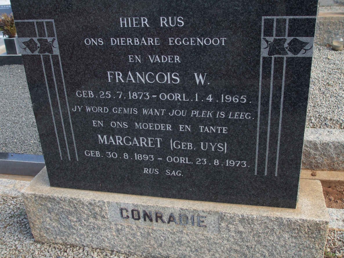 CONRADIE Francois W. 1873-1965 &amp; Margaret UYS 1893-1973