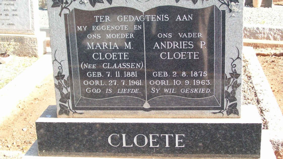 CLOETE Andries P. 1875-1963 &amp; Maria M. CLAASSEN 1881-1961