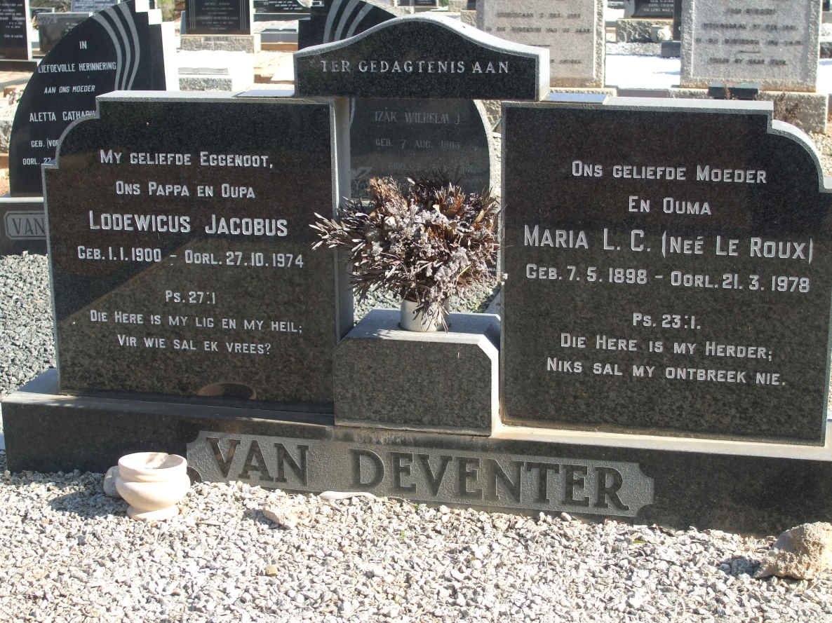 DEVENTER Lodewicus Jacobus, van 1900-1974 &amp; Maria L.C. LE ROUX 1898-1978