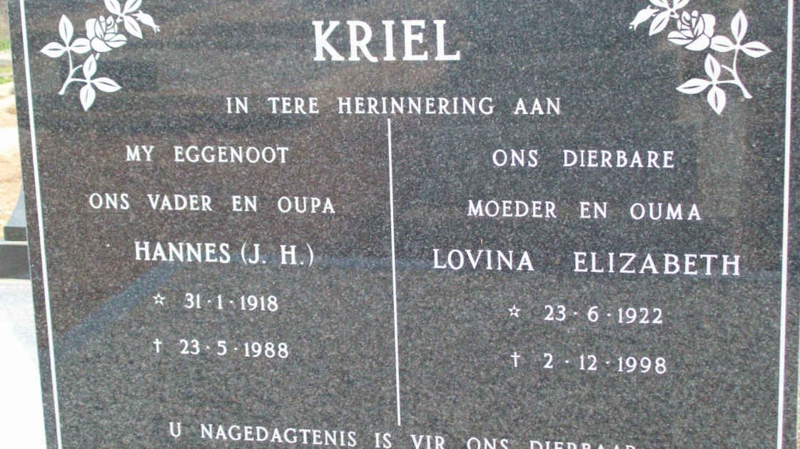 KRIEL J.H. 1918-1988 &amp; Lovina Elizabeth 1922-1998