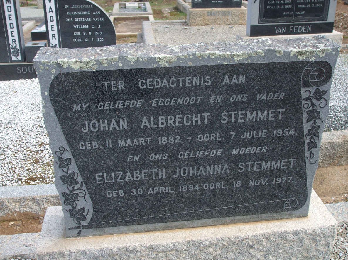 STEMMET Johan Albrecht 1882-1954 &amp; Elizabeth Johanna 1894-1977