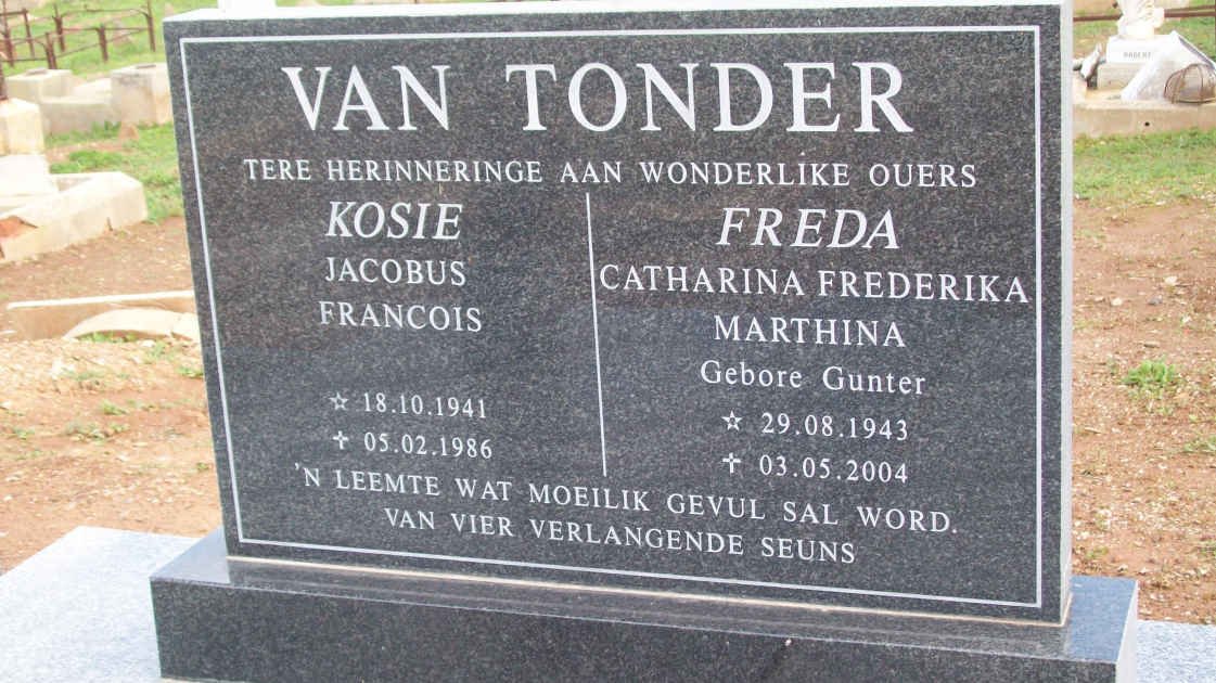 TONDER Jacobus Francois 1941-1986 &amp; Catharina Frederika Marthina GUNTER 1943-2004