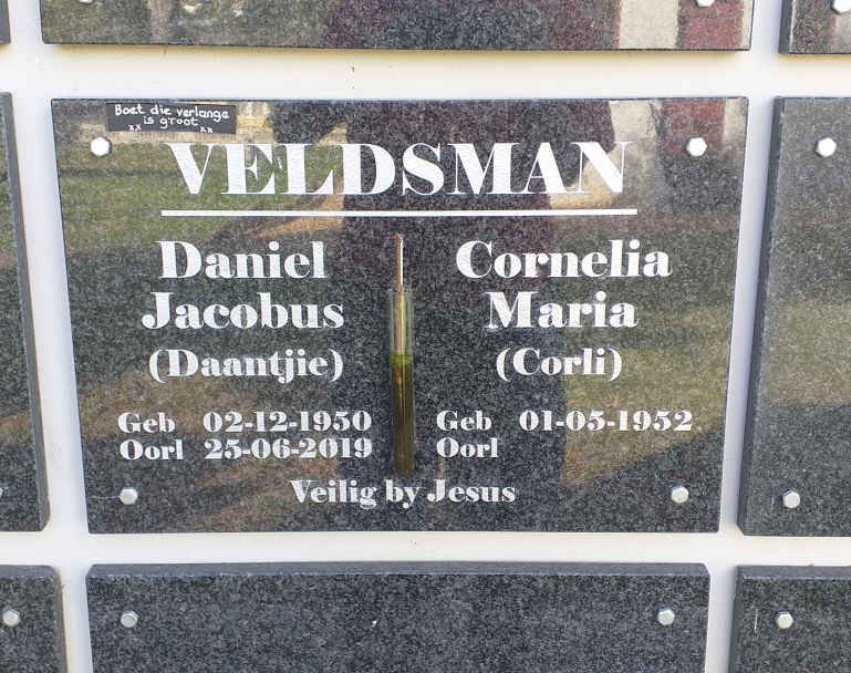 VELDSMAN Daniel Jacobus 1950-2019 &amp; Cornelia Maria 1952-