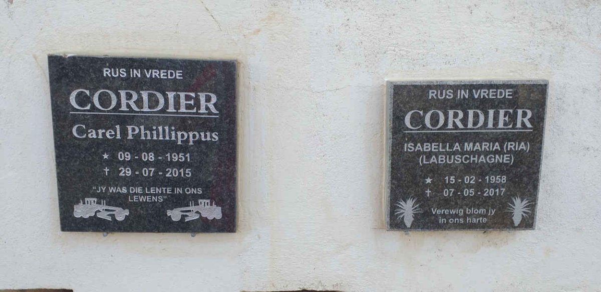 CORDIER Carel Phillippus 1951-2015 :: CORDIER Isabella Maria nee LABUSCHAGNE 1958-2017