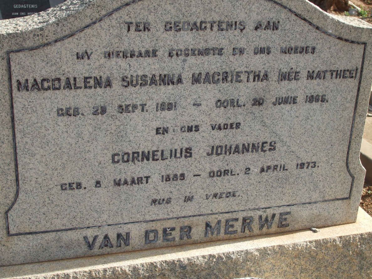 MERWE Cornelius Johannes, van der 1885-1973 &amp; Magdalena Susanna Magrietha MATTHEE 1891-1965