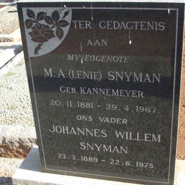 SNYMAN Johannes Willem 1889-1975 &amp; M.A. KANNEMEYER 1881-1967