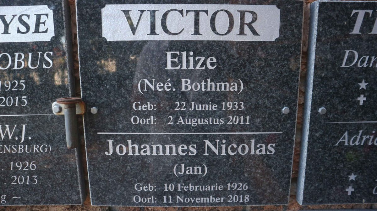 VICTOR Johannes Nicolas 1926-2018 &amp; Elize BOTHMA 1933-2011