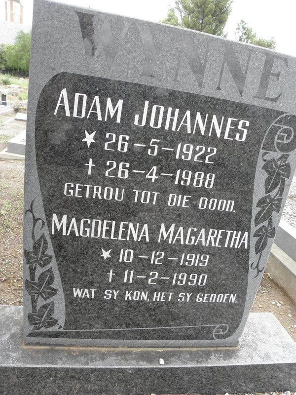 WYNNE Adam Johannes 1922-1988 &amp; Magdelena Magaretha 1919-1990
