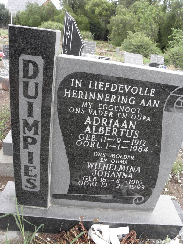 DUIMPIES Adriaan Albertus 1912-1984 &amp; Wilhelmina Johanna 1916-1993