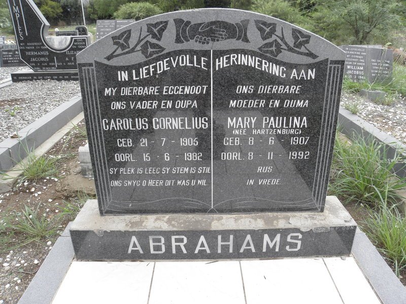 ABRAHAMS Carolus Cornelius 1905-1982 &amp; Mary Paulina HARTZENBURG 1907-1992