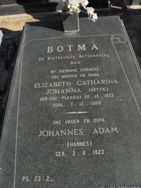 BOTMA Johannes Adam 1923- &amp; Elizabeth Catharina Johanna DU PLESSIS 1923-1988