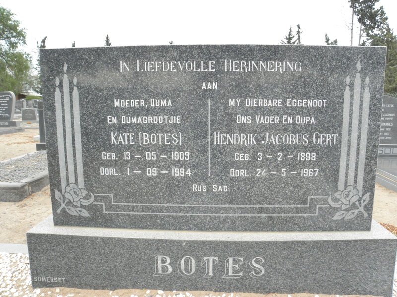 BOTES Hendrik Jacobus Gert 1898-1967 &amp; Kate BOTES 1909-1994