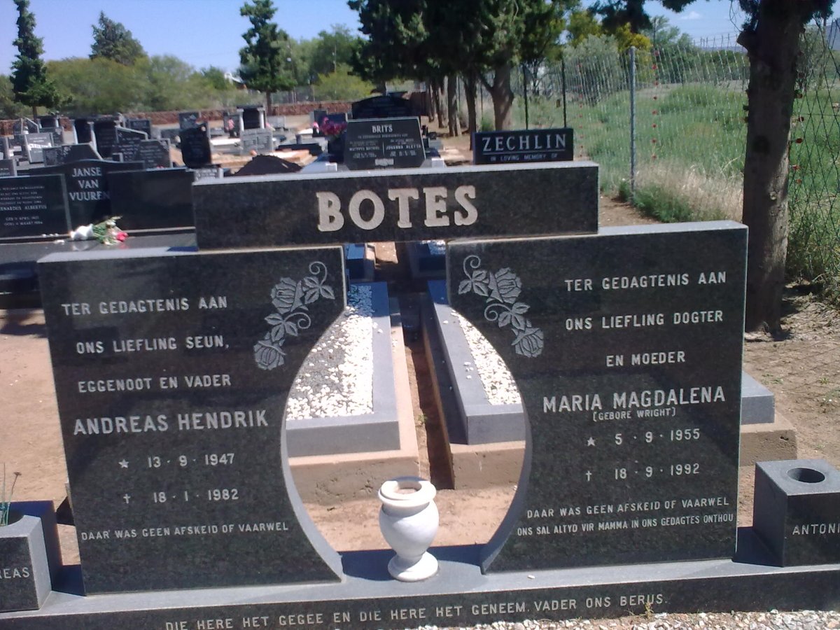 BOTES Andreas Hendrik 1947-1982 &amp; Maria Magdalena WRIGHT 1955-1992