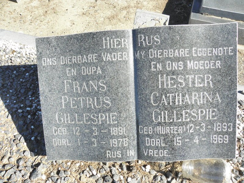 GILLESPIE Frans Petrus 1891-1978 &amp; Hester Catharina HURTER 1893-1969
