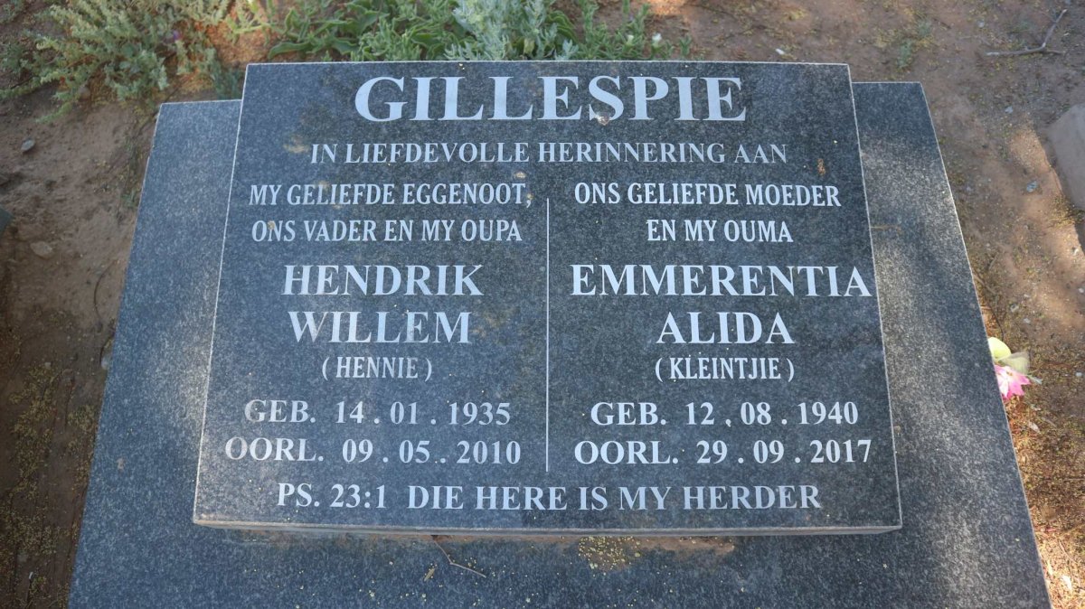 GILLESPIE Hendrik Willem 1935-2010 &amp; Emmerentia Alida 1940-2017