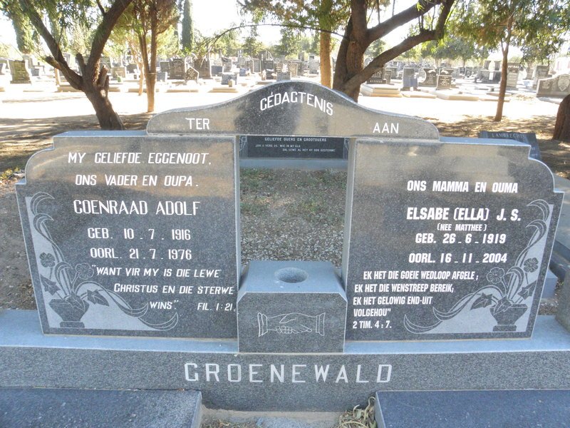 GROENEWALD Coenraad Adolf 1916-1976 &amp; Elsabe J.S. MATTHEE 1919-2004