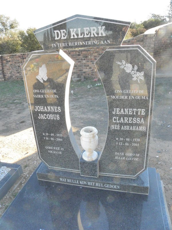 KLERK Johannes Jacobus 1933-2004 &amp; Jeanette Claressa ABRAHAMS 1930-2003