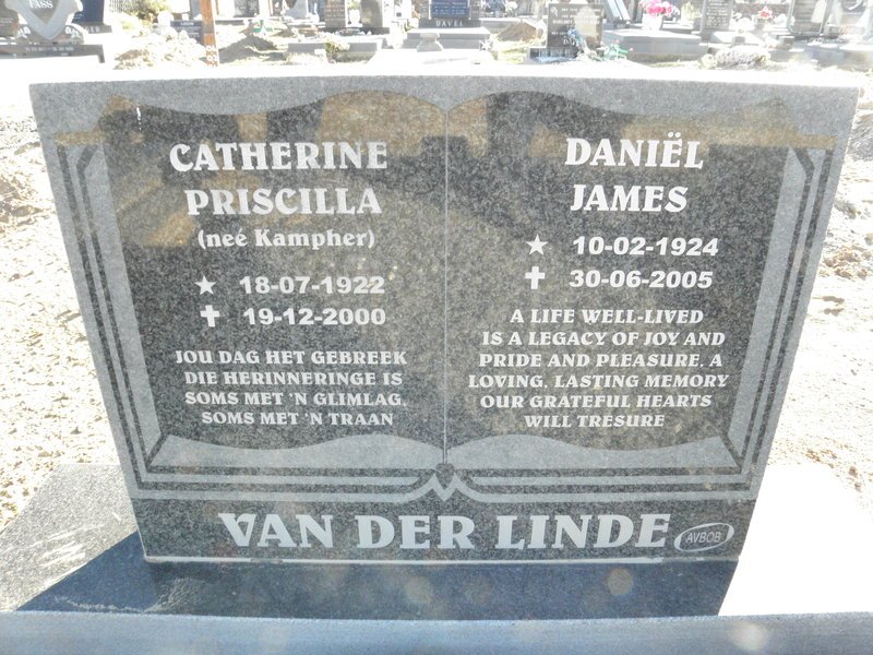LINDE Daniel James, van der 1924-2005 &amp; Catherine Priscilla KAMPHER 1922-2000