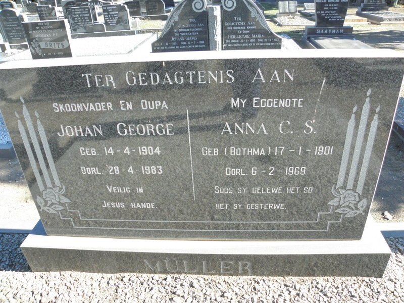 MULLER Johan George 1904-1983 &amp; Anna C.S. BOTHMA 1901-1969