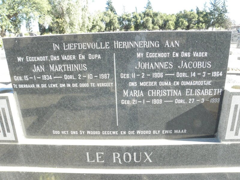 ROUX Johannes Jacobus, le 1906-1964 &amp; Maria Christina Elisabeth 1909-1999 :: LE ROUX Jan Marthinus 1934-1987