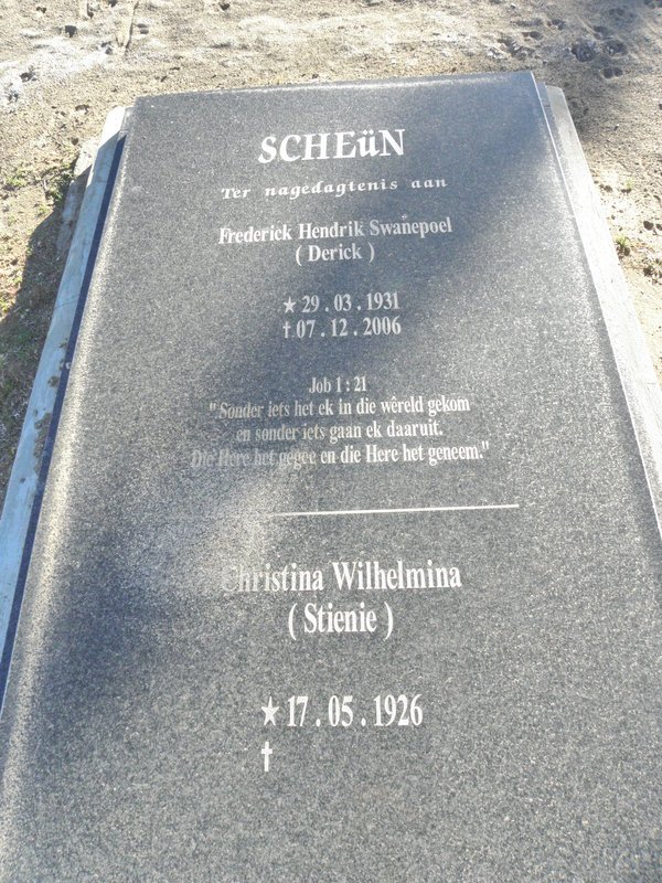 SCHEUN Frederick Hendrik Swanepoel 1931-2006 &amp; Christina Wilhelmina 1926-