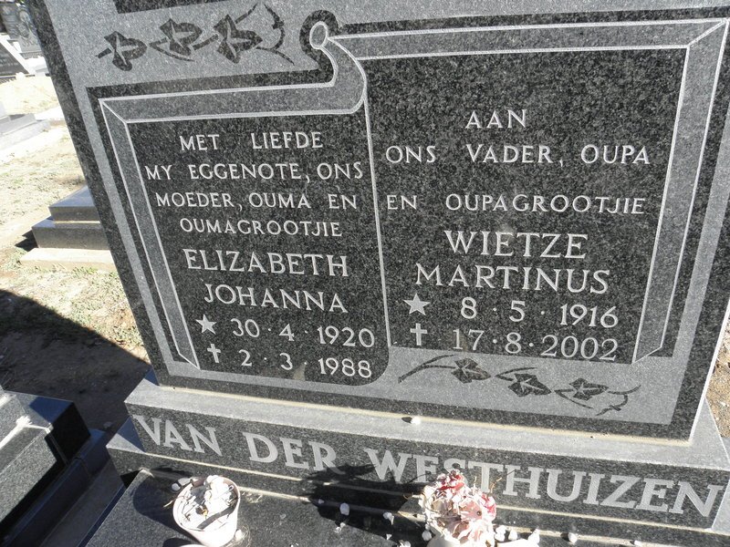 WESTHUIZEN Wietze Martinus, van der 1916-2002 &amp; Elizabeth Johanna 1920-1988 