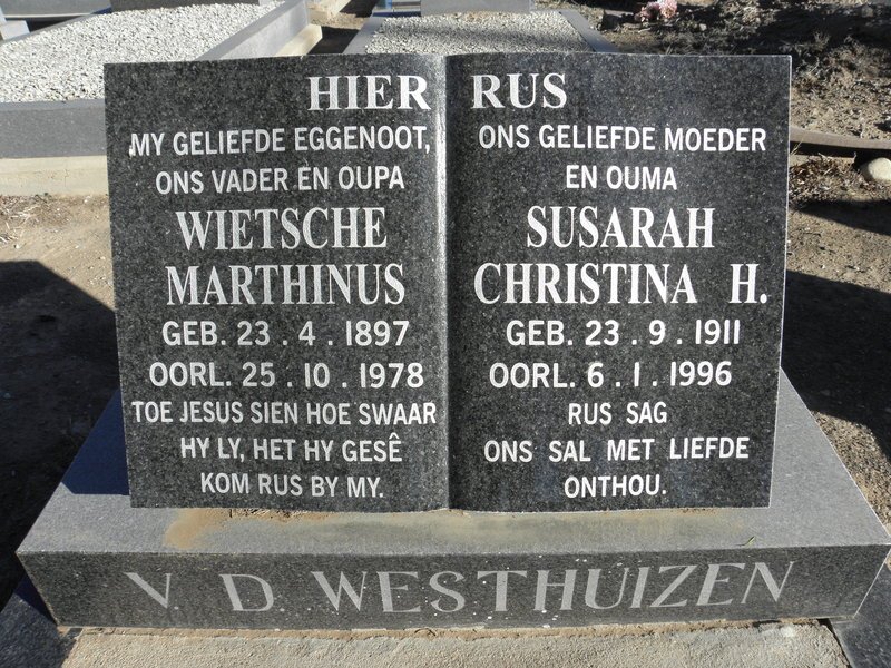 WESTHUIZEN Wietsche Marthinus, v.d. 1897-1978 &amp; Susarah Christina H. 1911-1996